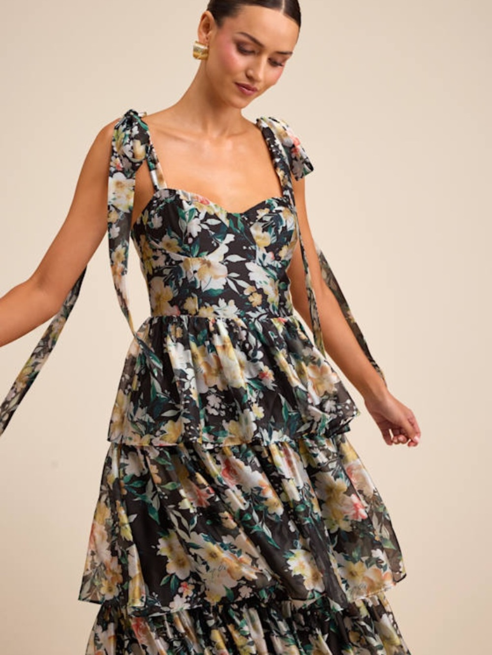 Lulus Svea Black Floral Tiered Tie-strap Midi Dress - Size M
